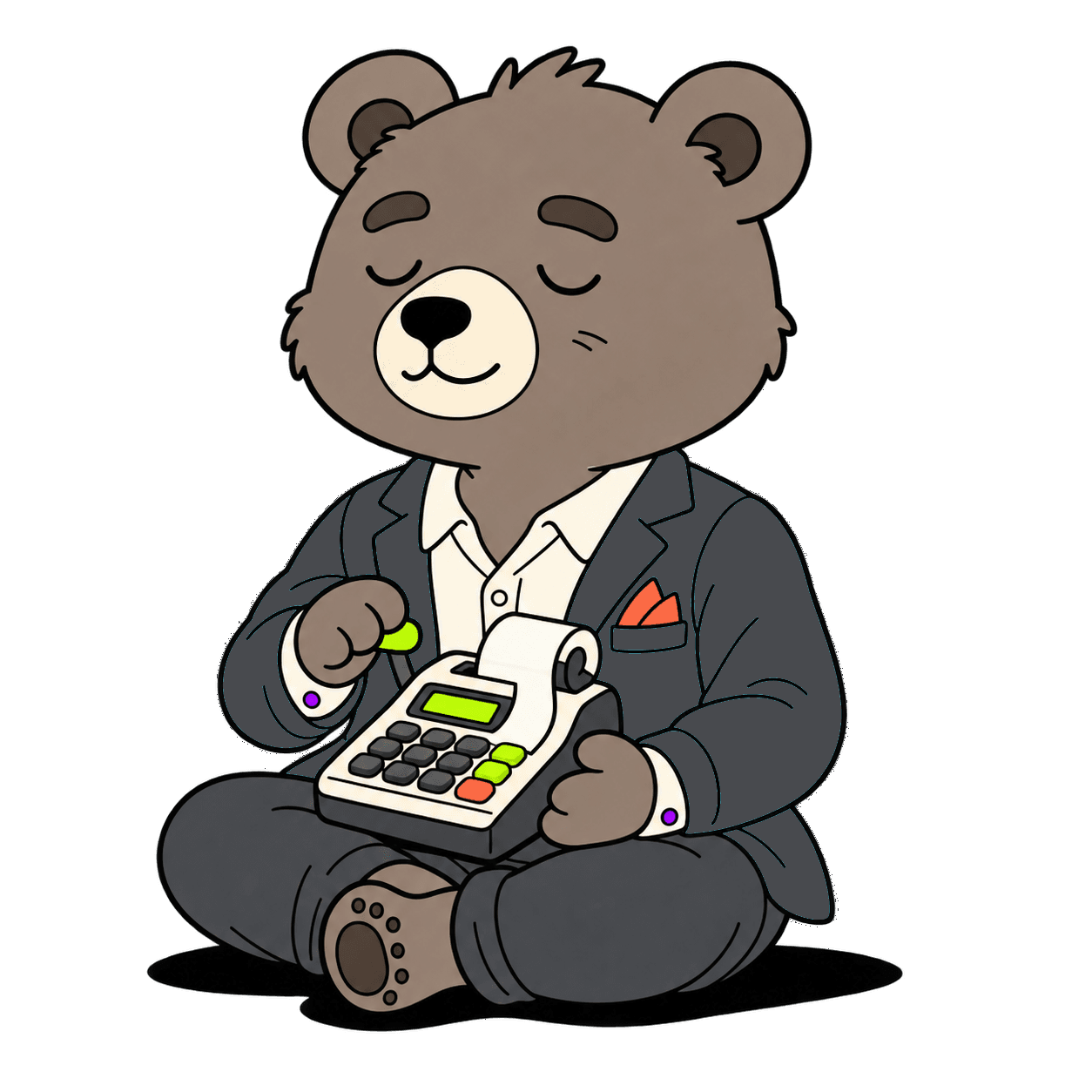 A calm bear in a suit sitting cross-legged with an adding machine